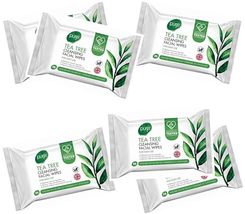 Bizzal Pure Tea Tree Cleansing Facial Wipes, Daily Use with Tea Tree Oil, 25 Wipes per Pack, 6 Pack Multi-Case