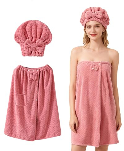 Fhlprte Badetuch-Wickeltuch in Übergröße, Damen Saunakilt,Druckknopf Sauna Kilt Handtuch mit Haartuch für Damen,Gummizug Saunatuch Verstellbarer Weite Körperwickel,Spa Bademantel Set (Rosa,L)
