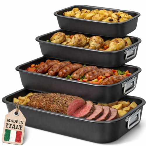 BAKAJI Set 4 Teglie Vulcano Rettangolari da 20-25 - 30-35 cm da Forno con Maniglie e Fondo Antiaderente e Cottura Omogenea, Teglia Ideale per Cucinare Rapidamente Lasagne, Dolci, Facile da Pulire