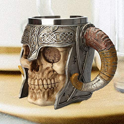 wentao Edelstahl Doppelgriff Horn Schädel Bier Becher Wikinger Krieger Schädel Tasse Krug Mittelalter Schädel Trinkgeschirr Tasse für Kaffee Getränke Saft