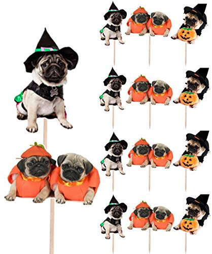 AK Giftshop Pugs in Costume Halloween Party Food Cake Cupcakes Picks Sticks Decorations Toppers Stand Up Food Flags (Pack of 14)