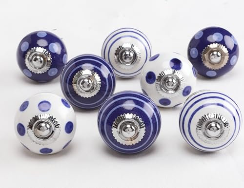 G Decor Blue and White Handmade Assorted Designs Ceramic Door Knobs, Vintage, Shabby Chic, Interior Furniture, Cabinet Cupboard Drawers Pulls Handles (8-Pack)
