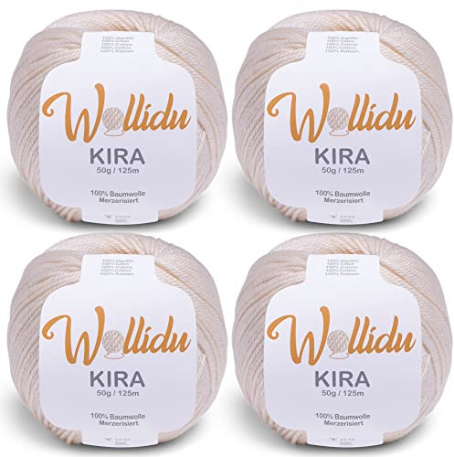 Wollidu Kira 100% Baumwolle zum Stricken und Häkeln 4 x 50g Set Häkelgarn Strickgarn - Creme
