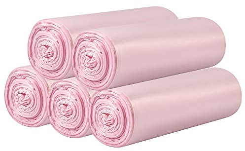 Lot de 5 rouleaux de petits sacs poubelle – 100 petits sacs poubelle durables de 12 litres pour la maison, le bureau, la cuisine, la salle de bain, la chambre à coucher (rose)