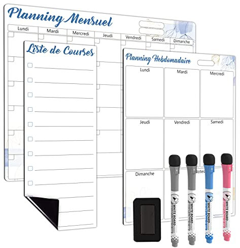 ANLIOTE Calendrier Mensuel et Hebdomadaire Magnétique pour Frigo et Petit Tableau Liste de Courses avec 4 Marqueurs et 1 Effaceur, Idéal pour Organisation des Repas, Planning Familial