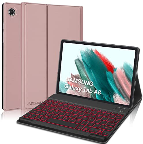 Funda con Teclado para Samsung Galaxy Tab A8 10.5'', Teclado Bluetooth Desmontable con Retroiluminado de 7 Colores, Español Ñ Teclado con Portalápices para Samsung Tab A8 2022 (SM-X200/X205), Oro Rosa