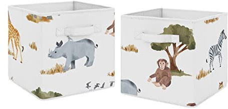 Sweet Jojo Designs Jungle Animals Foldable Fabric Storage Cube Bins Boxes Organizer Toys Kids Baby Set of 2 Dark Hunter Green Yellow Grey Black White Wildlife Safari Elephant Giraffe Monkey Leopard