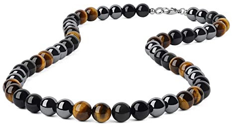 GAVU Ausgewähltes Geschenk 8mm Gelbes Tigerauge Hämatit Regenbogen Obsidian Kristall Herrenkette 55cm
