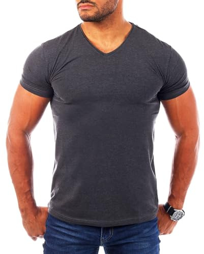 Young & Rich Herren Uni T-Shirt mit V-Ausschnitt Basic V-Neck Tee mit Stretchanteilen einfarbig Slim fit 1700