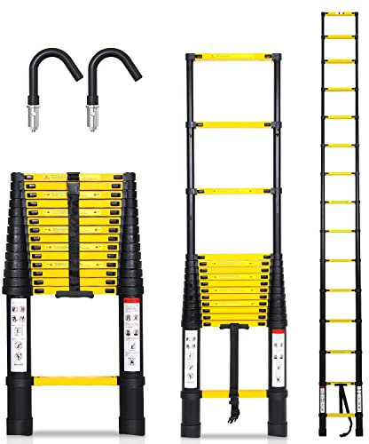 Joparri 4.4M Aluminium Teleskopleiter mit Abnehmbarem Haken, Ausziehbare Leiter, Rutschfester Aluleiter Stehleiter Mehrzweckleiter, Ausziehleiter Belastung 150 kg, Schwarz Gelb
