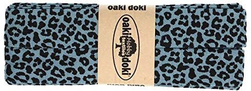Schrägband Jersey 3m mit Leopard Print 20mm gefalzt Oaki Doki elastisches Einfassband, Farbe:3005 taubenblau-schwarz