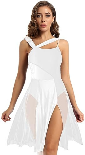 iEFiEL Damen Ballettkleid Tanzkleid mit Asymmetrisch Rock Wickelrock Tango Latein Kleider Leotard Ballettanzug Trikot Tanz-Body Gr. XS S M L XL Xa Weiß S