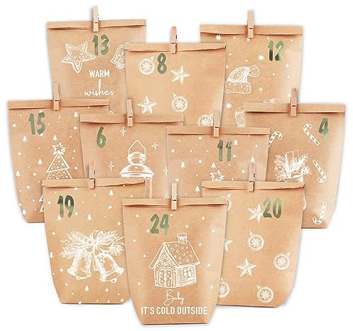 PANSIBY Adventskalender zum Befüllen, 24 Weihnachtskalender Geschenk Papiertüten Groß zum Selber Befüllen, Kraftpapiertüten Advents Tüten Selbstbefüllen mit Aufkleber für Kinder & Erwachsene