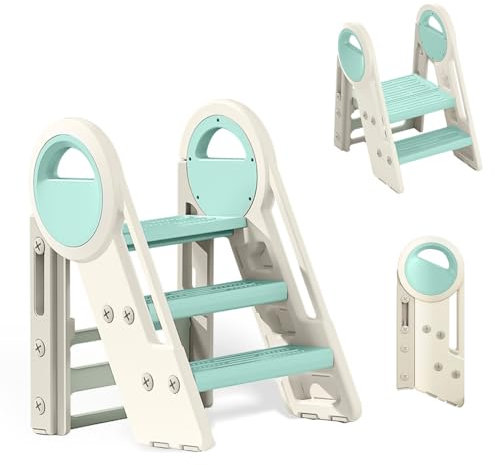 Taburete Plegable para niños, Escalera de 2-3 peldaños para Infantil, Altura Regulable, con reposabrazos para baño, habitación de Bebé, Cocina(Azul + Blanco)
