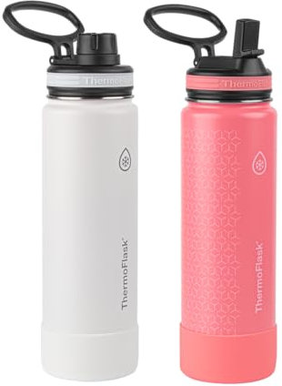 ThermoFlask 24 oz Bottle with Spout and Straw Lid - Stainless Steel, Double-Wall Insulation & BPA-Free - Leakproof, Resuable - White/Coral (2 Pack)