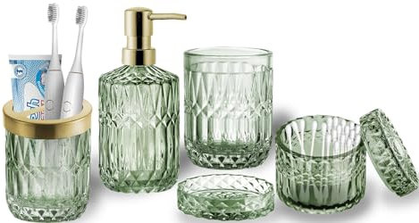RUNQIN Seifenspender Zahnputzbecher Set, 5 Badezimmer Set mit Zahnbürstenhalter, Zahnputzbecher,Seifenschale,Seifenspender,Wattestäbchen Gläser, Bad ZubehöR Set für Edle Badezimmer Deko in Grünes Glas