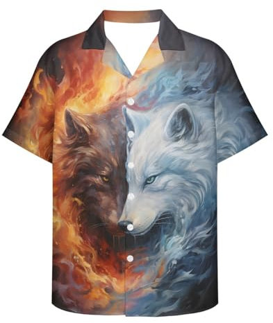 ENLACHIC T-shirts hawaïens à manches courtes avec imprimé peinture à l'huile Van Gogh pour homme, Loup de glace de feu, Taille L
