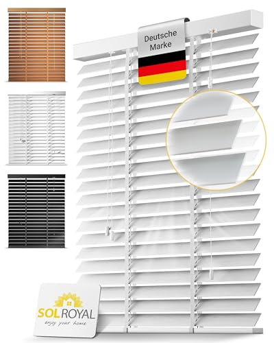 Sol Royal Holzjalousie 50 mm Lamellen extra breit – Fensterjalousie 100x180 cm Holzrollo einfache Montage Wand & Decke – Blickschutz Jalousie Fenster & Tür Massivholz Echtholz Rollo in Weiß – BE5