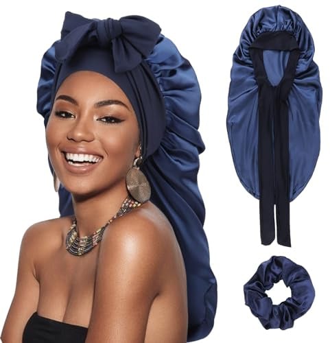 DRESHOW Bonnet Long en Satin Tressé pour Femme Bonnet en Soie pour Dormir Bonnet de Sommeil avec Bande Elastique Bonnet de Nuit pour Cheveux Longs et Bouclés Locs