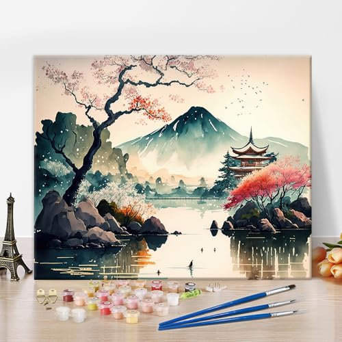 Japanese Landscape Paint by Numbers, Mount Fuji Paint by Numbers Kit for Adults Japan Cherry Trees Watercolor Paint by Numbers Kits Easy Paint by Numbers for Beginners Art Crafts 16x20 inches