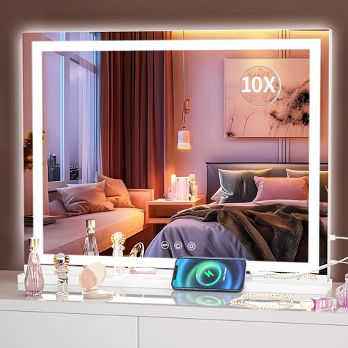 Hasipu Kosmetikspiegel mit Beleuchtung, 58 x 46cm LED Schminkspiegel, Beleuchteter Schminkspiegel mit dimmbaren 3 Modi, Touchscreen Steuerung Kosmetikspiegel Quadratisch Weiß