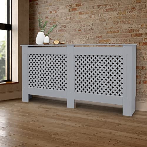 ECD Germany Cache-Radiateur Chauffage Moderne - 152x19x82 cm - Gris Étagère en Bois MDF Housse Décorative Robuste Motif Nid d'abeille Murale Meuble de Rangement Design Traditionnel pour Salon Chambre