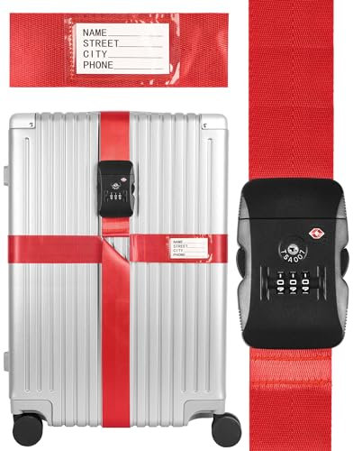 NETONDA Koffergurt mit TSA Schloss Auffällig Kofferband Verstellbar Gepäckgurt Koffergurt mit Adressschild Kofferbänder Set für 20-32 Zoll Reise Koffer (Rot) - Extra Lang 405cm