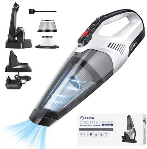 Saker Akku Handstaubsauger Kabellos 10000PA Autostaubsauger mit Waschbar 14,8V HEPA-Filter, LED-Licht Staub mit Einem klick Entleeren Aufladbar Staubsauger, für den Auto, Haus, Küche, Tierhaare