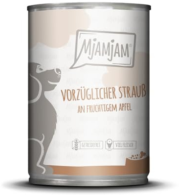 MjAMjAM – Premium Nassfutter für Hunde - vorzüglicher Strauß an fruchtigem Apfel, 1er Pack (1 x 400g), getreidefrei mit extra viel Fleisch