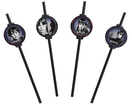 Wednesday Addams™ Paper Straws – Pack of 8, 19.6 cm Disposable Themed Party Drinking Straws, Gothic Halloween & Character Celebration Accessories