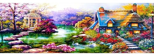 SHEGZHUC 110x50cm Diamond Painting Haus am See Europäisch Innenhof Landschaft Groß XXL Kunst