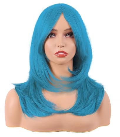 MapofBeauty 20 Zoll/50 cm Länge Layered Mit Pony Gerade Synthetische Faser Shoulder Lange Haarfasern für Täglich Perücke (Cyan blau)