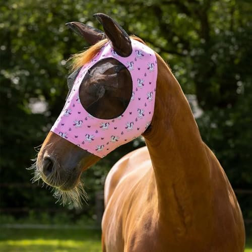 netproshop Fliegemaske Super Bug Fliegenhaube mit Ohren und Öffnung für Stirnhaare Shetty bis XL-Full, Groesse:Pony, Farbe:Unicorn
