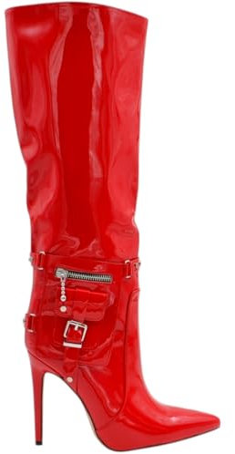 Stivali Donna Alti Lucidi Rossi in Vernice al Ginocchio con Zip Tacco a Spillo 12cm Vinile con Cinturini Fibbie Marsupio (38 EU)