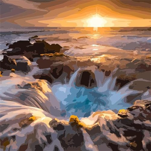 Sonnenuntergang mit Meerblick -Malen nach Zahlen für Erwachsene,DIY Handgemalt Ölgemälde-Set auf Leinwand mit Pinseln und Acrylpigment für Kinder Anfänger Kunst für Heimdekoration mit Rahmen,40x40cm
