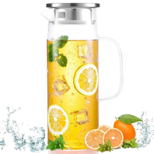 Glaskaraffe mit Deckel, 1,5 Liter Wasserkaraffe aus Borosilikatglas, Hitzebeständig Glas Karaffe mit Edelstahl Deckel, Glaskanne für DIY Getränke, Saft, Tee, Milch