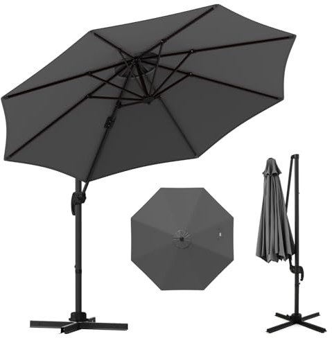 GOPLUS Parasol Deporte 3x3M, Parasol de Jardin Exterieur Pivotant à 360°, avec Poteau en Aluminium, 5 Angles d'Inclinaison Réglables, Protection Solaire, pour Balcon Terrasse Plage (Gris)
