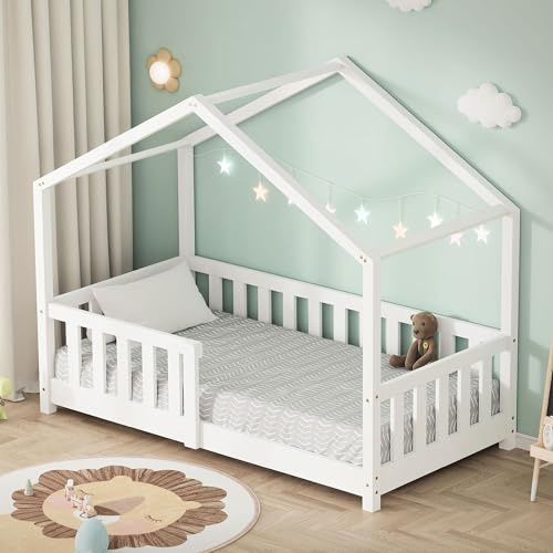 ML-Design Kinderbett Hausbett 70x140 cm Weiß, Holzbett mit Rausfallschutz, Lattenrost und Dach, Spielbett aus massivem Kiefernholz für Kinder, Montessori Bodenbett Bettgestell Bettenhaus Juniorbett