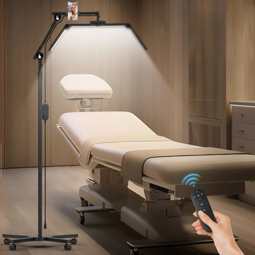 CGBE Stehlampe für Wimpern Ultrabreite Faltbare für Wimperntechniker | Dimmbar LED Lampe Wimpernverlängerung, 360° Drehbarer Lichtkopf, 4-Rad-Rollenbasis, Handyhalter, 126–152 cm Höhenverstellbar
