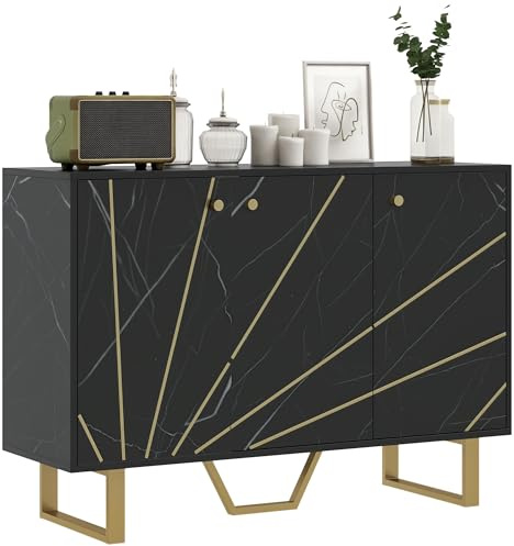 HOMCOM Sideboard Storage Cabinet, Modern Storage Cupboard with Adjustable Shelves and Metal Legs for Living Room, Kitchen, Dining Room, Entryway, Black Marble Tone