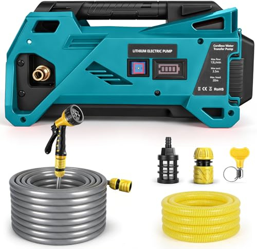 Kabellose Wasserpumpe kompatibel mit Makita 18V Akku (ohne Akku) | 80 W, tragbare Selbstansaugende Pumpe, mit 10 m Auslassrohr, 3 m Einlassrohr, Spritzpistole, Digitalanzeige, für Bewässerung