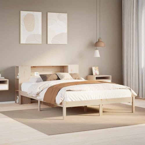 YuuSsea Massivholzbett mit Regal, 140x200 cm Kiefernholz, unbehandelt, stabiles Bettgestell, Lattenrost, Stauraum für Bücher, platzsparendes Schlafzimmermöbel