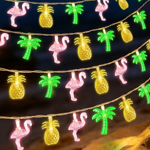 Hawaii Lichterkette 5M 30 LED mit Ananas Flamingo Palmen – Tropische Lichterkette Batteriebetrieben, Sommer Deko Lichterketten für Hawaii Party, Garten, Balkon, Strand, Tiki Bar, Innen & Außen