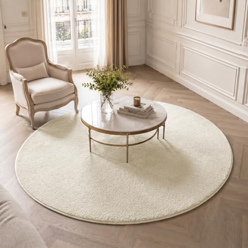 VOUNOT® Tappeto Morbido a Pelo Corto Rotondo 160 cm, per Salotto e Camera da Letto, Lavabile in Lavatrice, con Doppio Sistema Antiscivolo, Stile Moderno, Beige