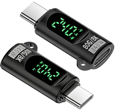 2 Stück 240W USB C Adapter mit LED Display, USB C auf USB C Messgerät | 80Gbps 8K Datenübertragung, Typ C 4.0 Output Power für iPhone 17/16 Pro Max, MacBook, iPad, Samsung Galaxy S23/S22