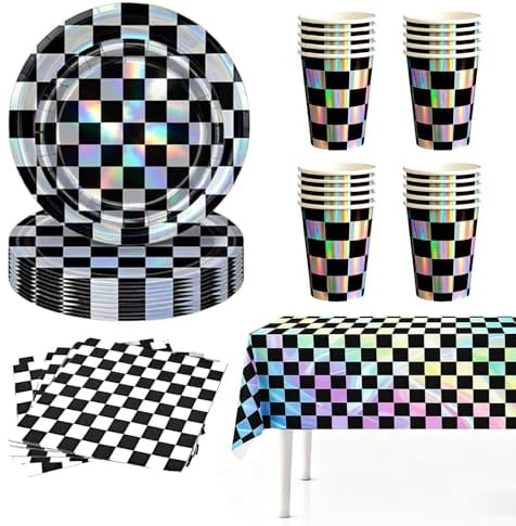 81P Colorful Laser Foil Paper Party Tableware Set,Black White Checkered Sparkling Party Paper Plates Napkins Cups for Birthday,Sparkling Tablecloth for Christmas Dinnerware Wedding,Baby Shower Party