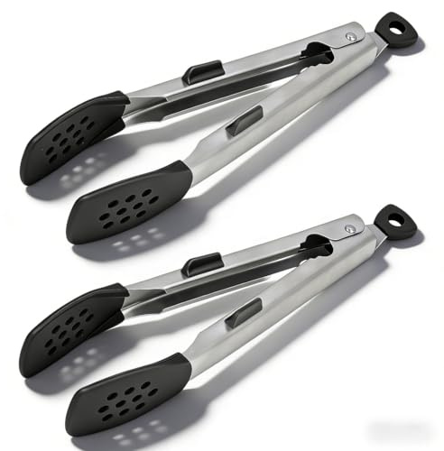 Lot de 2 pinces de cuisine avec embouts en silicone, pince de verrouillage robuste en acier inoxydable, pince de cuisine épaisse, anti-rayures pour la cuisson du barbecue, des (Noire)