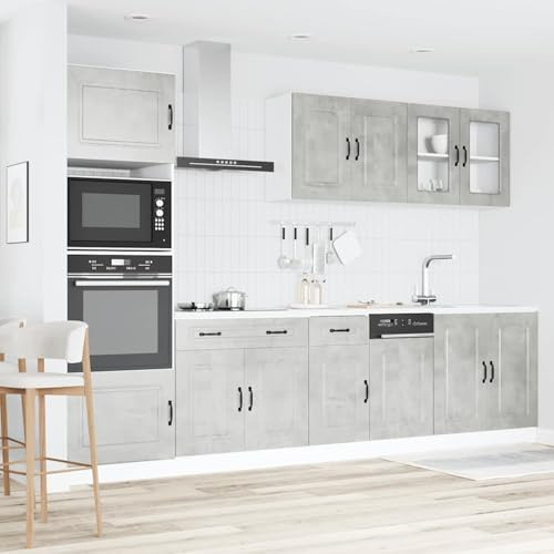 ATOMSTACK MAKER Juego de 7 muebles de cocina Kalmar en color gris hormigón, madera y cristal, con patas ajustables para montaje completo en la cocina (debajo del fregadero, armarios colgantes, panel