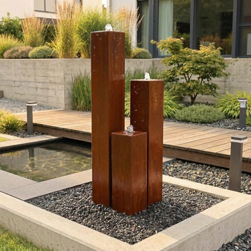 Cortenstahl Säulenbrunnen CSBS75 Gartenbrunnen Edelrost Metallbrunnen Outdoor 3 Säulen Eckig Brunnen Set mit LED Beleuchtung