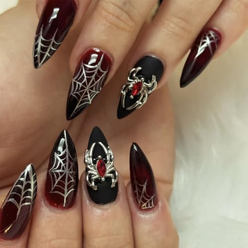 Bukecagif 24 pieces Press On Nails Halloween, Goth, Fake Nails, Spider | Press On Nails Halloween, Goth Spider Design, Long Almond Nails To Stick, 24 Pieces 12 Sizes, Jelly Glue